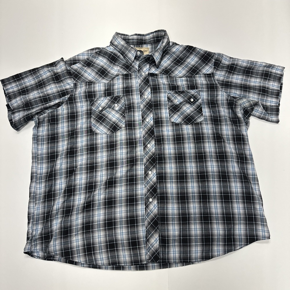 Wrangler Mens‎ Western Pearl Snap Blue/Black/Gray Plaid Shirt 2XL